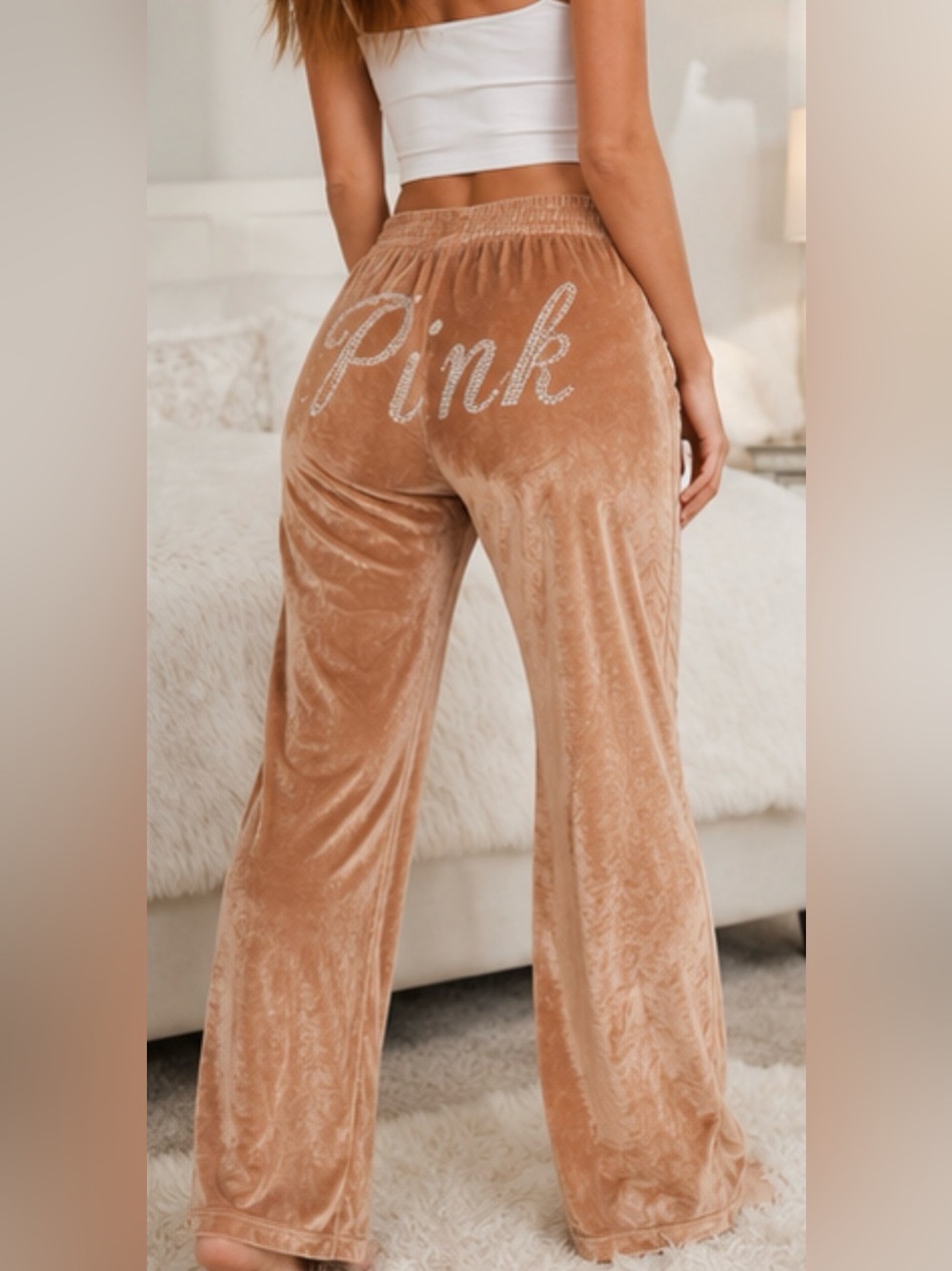 Victoria’s Secret PINK Velour Wide Leg Lounge Pants Bling Logo NWT XL Camel